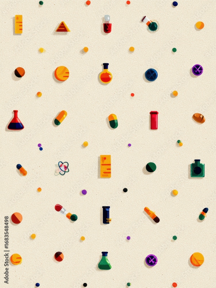 Poster various colorful science-themed objects are scattered across a light, neutral surface, creating a li