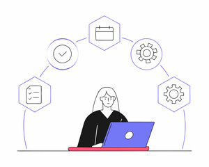 A stylized illustration of a woman in a professional role, likely a lawyer or administrator, focused on her work.
