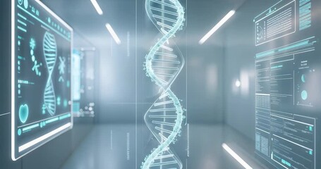 Materializing holographic DNA double helix rotating in lab with data panels for genetic analysis - Powered by Adobe