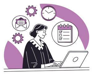 A stylized illustration of a woman in a professional role, likely a lawyer or administrator, focused on her work.