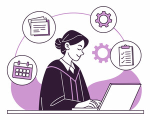 A stylized illustration of a woman in a professional role, likely a lawyer or administrator, focused on her work.