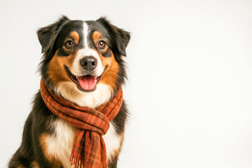 Charming Australian Shepherd dog wearing a warm plaid scarf, sitting against a clean white background, symbolizing seasonal coziness, fashionable pet style, companionship, and the joyful personality 
