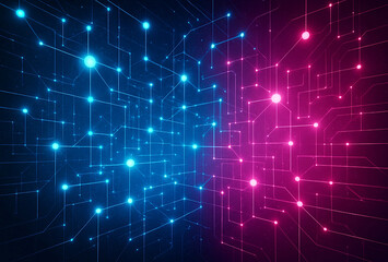 Vast interconnected digital network with glowing blue and pink lights data flow and circuits
