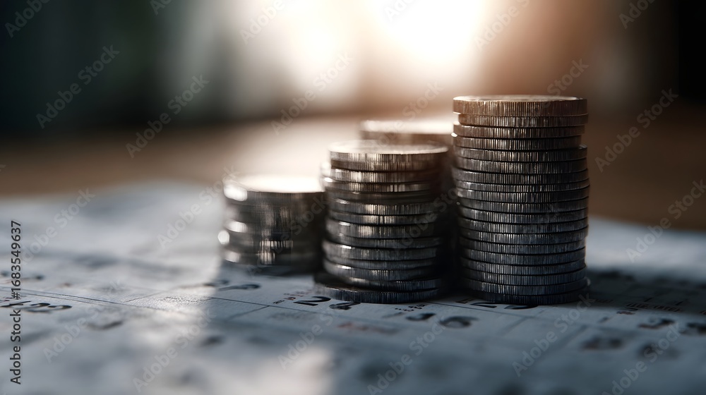 Poster coin stacks arranged on a calendar page symbolizing time based financial saving investment and futur