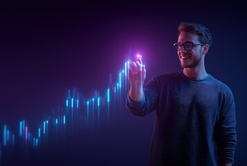 Businessman interacting with glowing purple data analytics interface showing market trends and statistics, advanced business intelligence technology perfect for financial services and tech industry ad