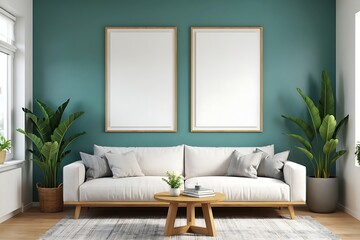 Modern living room interior featuring a white sofa, potted green plants, and two blank wooden frame mockups against a teal accent wall