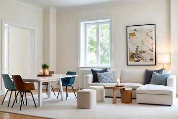Modern Open Concept Living and Dining Room Interior with White Sofa, Wooden Furniture, and Contemporary Art