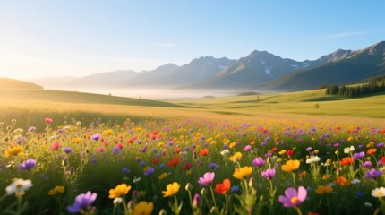 Obraz premium Colorful wildflowers bloom in a vast meadow at sunrise, mountains in the background