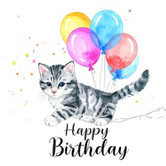 A charming gray striped kitten, surrounded by vibrant balloons, makes a cheerful birthday greeting.