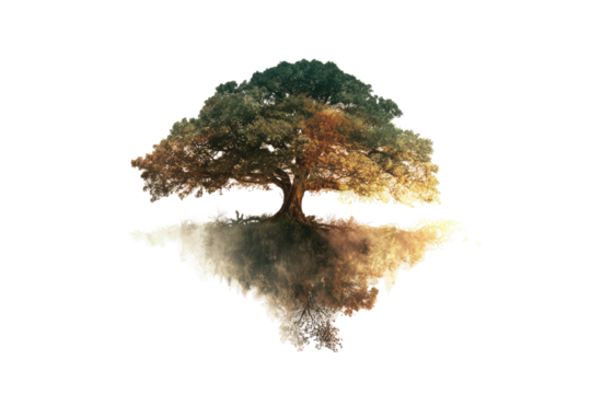 A stylized tree with a misty base