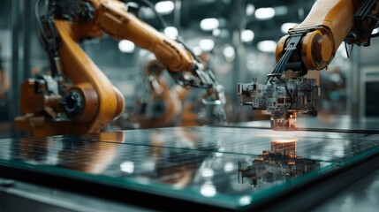 Automated robotic arms assembling and processing solar panel components in modern factory, showcasing advanced manufacturing technology and sustainable energy production