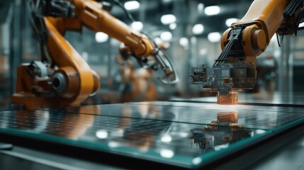 Robotic arms working on solar panel production line in modern automated factory, showcasing advanced manufacturing processes and sustainable energy technology