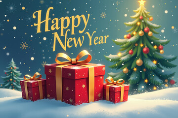 Three red gift boxes with golden bows and stars, snowy ground, Christmas tree in the background, Happy New Year text, snowy and festive atmosphere.