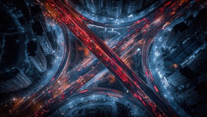 Aerial view of a complex highway intersection at night. City buildings surround the busy crossroads. Streaks of light from moving vehicles create dynamic patterns