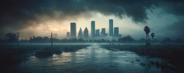 Fototapeta premium A moody cityscape featuring tall skyscrapers against a stormy sky, reflecting on a watery landscape with lush greenery.