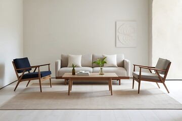 Serene Modern Scandinavian Living Room Interior with Beige Sofa, Wooden Armchairs, Coffee Table, and Minimalist Decor
