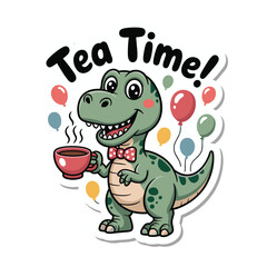 Happy dinosaur enjoys a cup of tea surrounded by festive balloons
