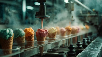 Obraz premium Automated industrial machine pouring strawberry ice cream into waffle cones on factory assembly line, creating a colorful and delicious frozen treat