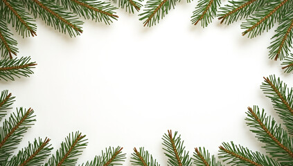 frame of Christmas tree branches on a white background, New Year's theme, copy space