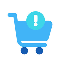 Blue shopping cart with warning symbol on black background