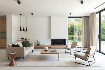 Bright and modern minimalist living room interior with a contemporary fireplace and large windows showcasing lush outdoor greenery