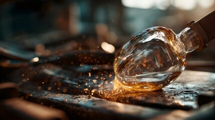 Molten glass is flowing from a decanter bottle during the glassblowing process, creating sparks and glowing with intense heat in a glassblowing workshop