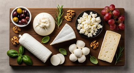 Assortment of cheese and accompaniments on a wooden board