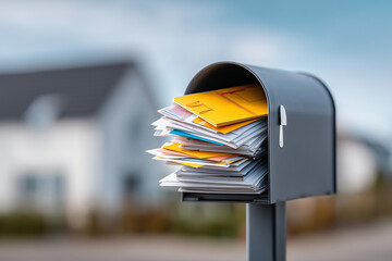 A close-up shot of an overflowing mailbox filled with colorful letters and envelopes
