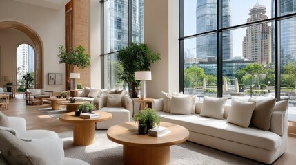 Fototapeta premium Spacious lounge area features large windows offering stunning views of skyscrapers and lush greenery, creating a relaxing atmosphere