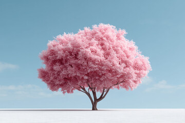 A vibrant pink blossom tree stands in the serene outdoors. Its delicate pink petals stand out against the clear, cloudless blue sky