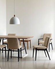 Elegant modern dining room with beige chairs, a large wooden table, and a minimalist white pendant light fixture