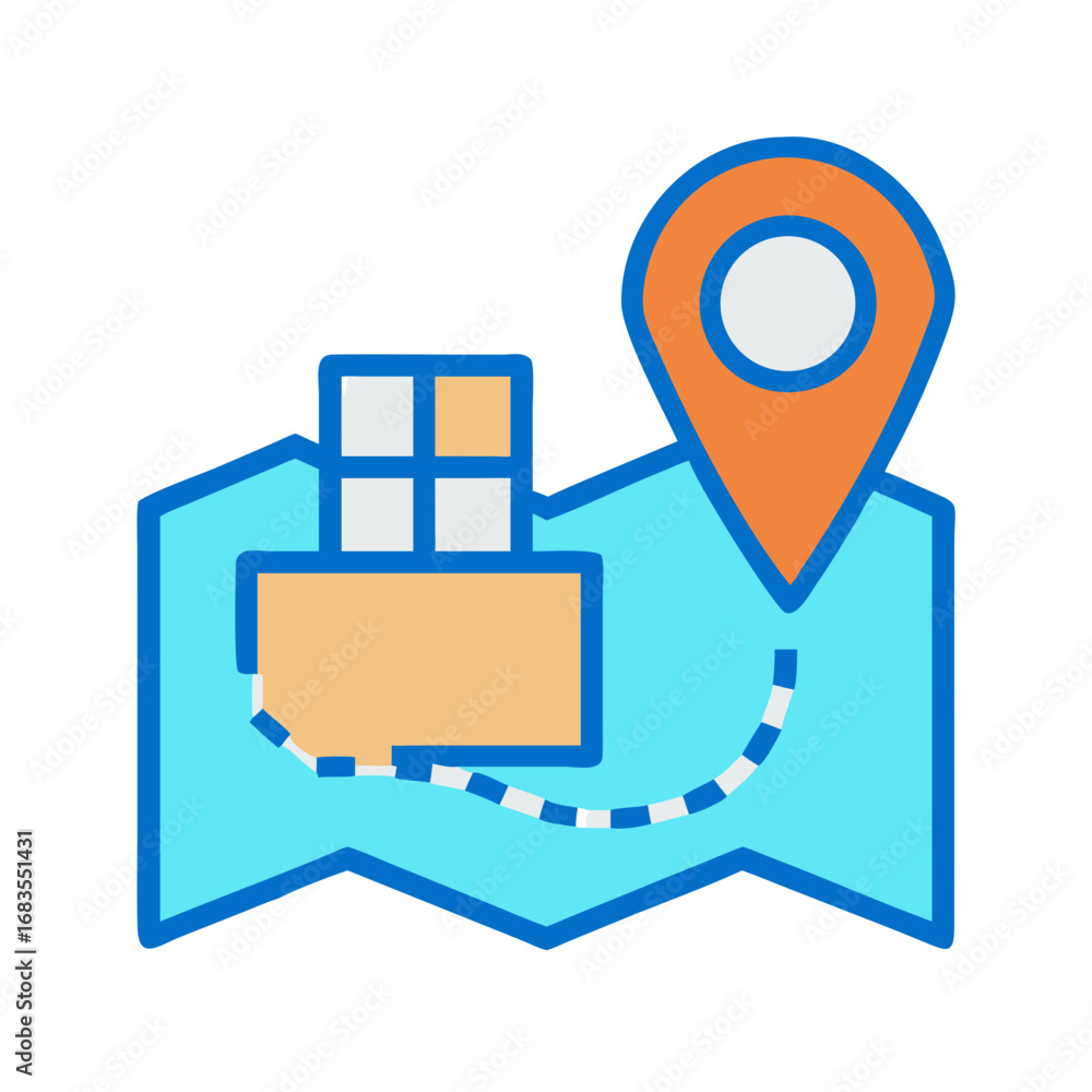 Poster route guidance icon with building and location pointer symbol