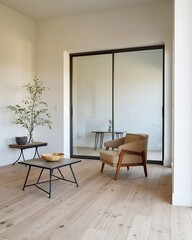 Fototapeta premium Stylish beige armchair with a minimalist wood frame in a bright, contemporary interior featuring light hardwood flooring and glass sliding doors.