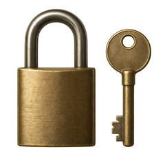 Brass padlock with key isolated on transparent background