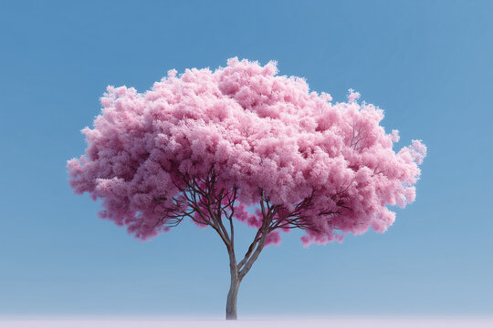 A vibrant pink blossoming tree stands against a clear blue sky, evoking feelings of spring and renewal. The tree is full of pink blooms, and has a brown trunk and branches