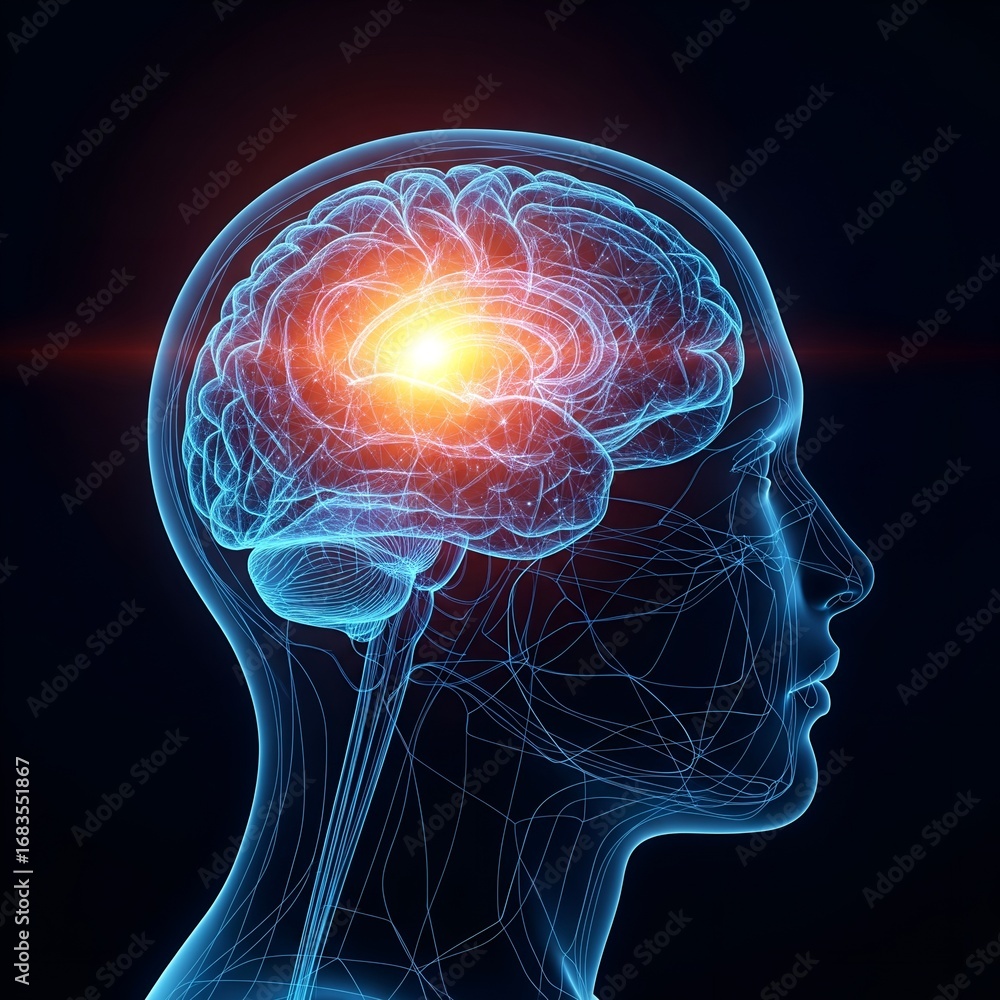 Poster glowing human brain with neural network activity and light in a transparent head