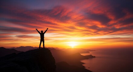 Silhouette of a person with arms raised in victory on a mountain peak during a vibrant sunset over the sea.