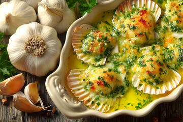 Baked scallops with garlic and herbs in a ceramic dish.