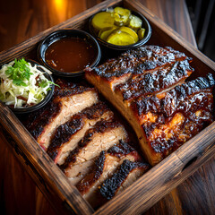 BBQ Ribs and Brisket Platter in Wooden Box
