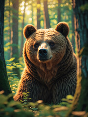 Fototapeta premium Majestic brown bear stands amidst vibrant forest greenery during golden hour light