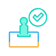 Minimalist checkmark stamp icon in teal with orange outline