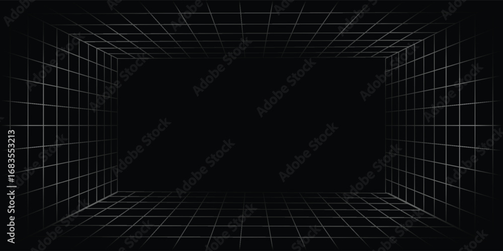 Poster futuristic perspective grid box. abstract wireframe with white grid line on black background. virtua