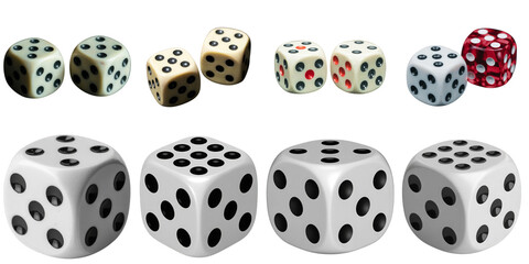 White red dice collection isolated on a transparent background black dots