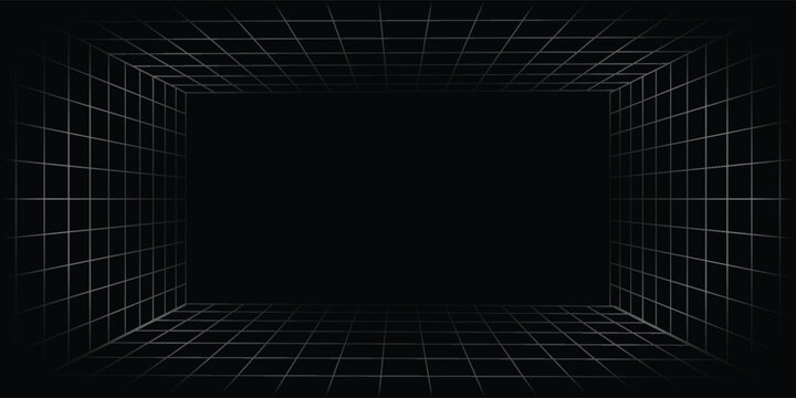 Futuristic perspective grid box. Abstract wireframe with white grid line on black background. Virtual reality landscape in 80s 90s digital style. Vector