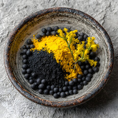 Black and yellow powder and berries in a bowl