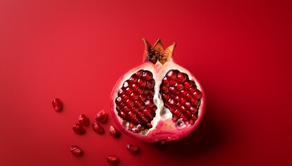 half pomegranate on a bold red background with copy space