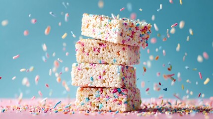 Stacked crispy rice treats covered in colorful sprinkles, a sweet and delightful dessert. Festive treats on pink surface with sprinkles falling down.