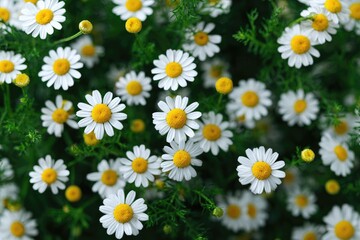 Close-up of many small white daisies with yellow centers, nestled in a bed of vibrant green foliage
