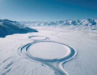 Aerial view of two circular tracks carved into a snowy expanse, nestled in a mountain valley