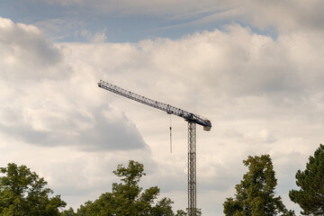 Construction crane towering over trees against a cloudy sky during the day